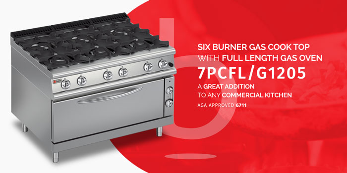 Six burner gas range with large gas oven. Internal oven size - 790 x 550 x 395mm. Cabinet, front, sides, back and inside of oven are all stainless steel. Flame failure device standard with all burners. Total gas load - 162 Mj. 1200 mm Width x 700 mm Depth x 900 mm Height 